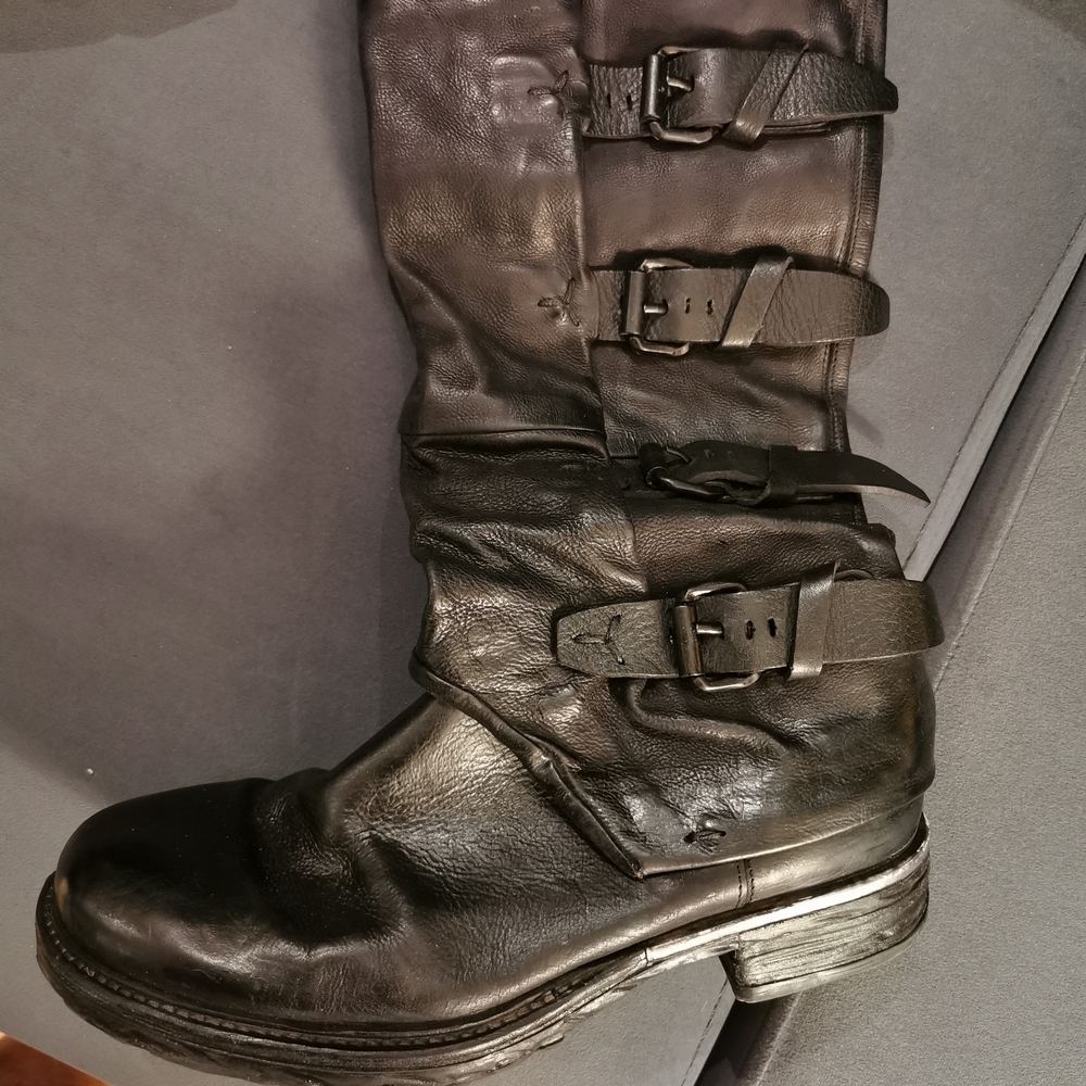 A.S.98 Black Leather Buckle Mid-Calf Boots